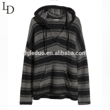 New fashion stripe men v neck hooded pullover sweater with pocket